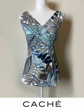 Cache Tropical Leaf Print Vintage Wrap-Front Top - Blue/Tan - Size Small EUC